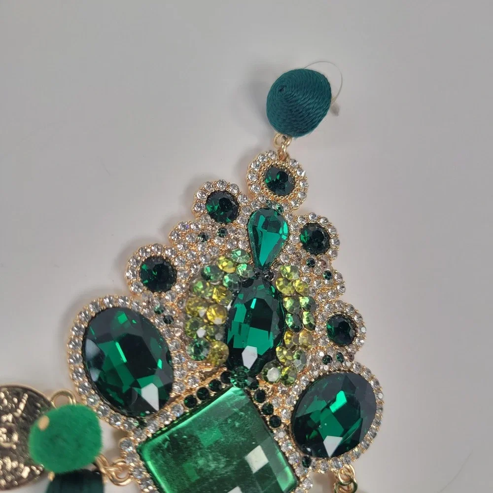 Huge Emerald Green Tassel Chandelier Earrings Rhinestone Dangle Boho Jewelry